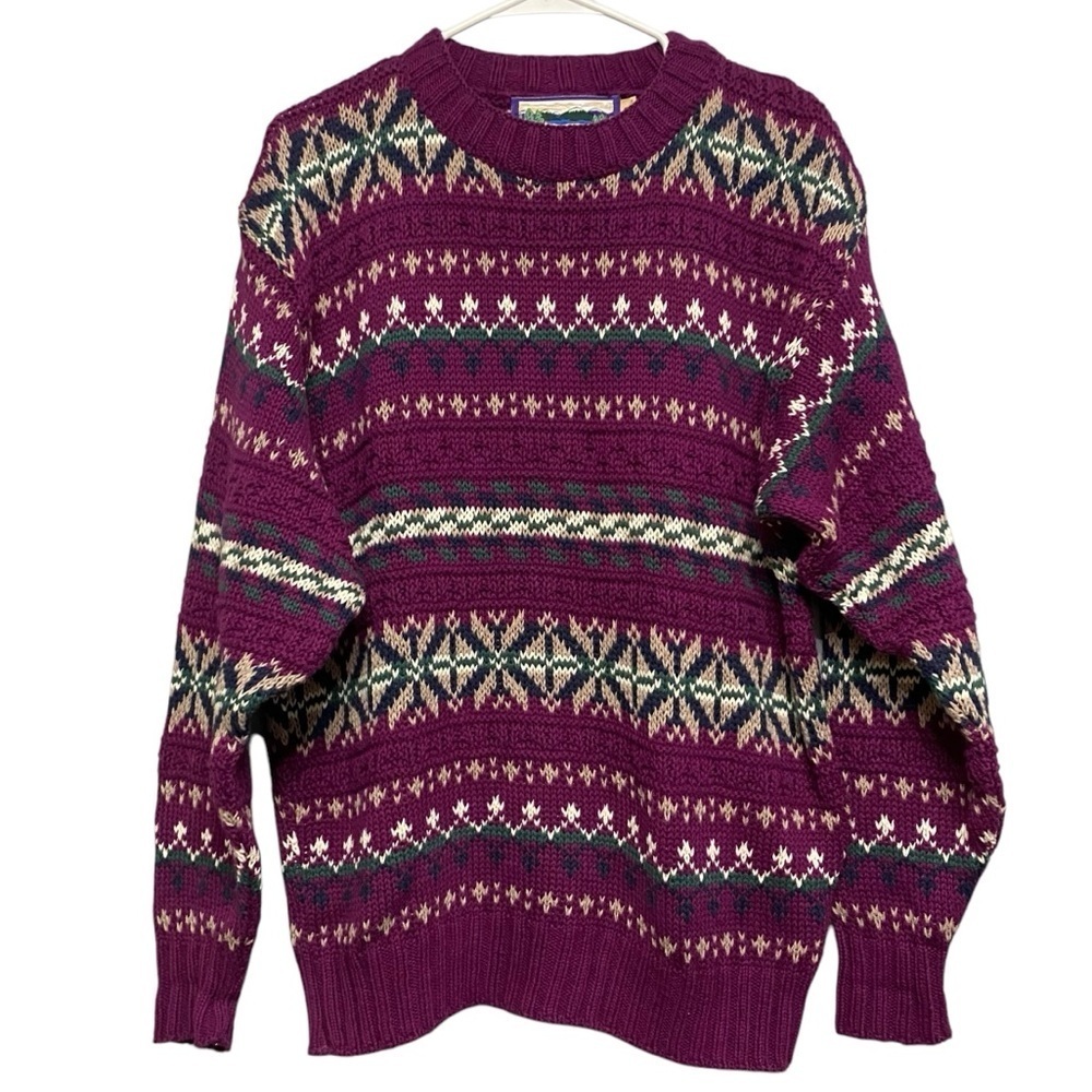 VTG Shenandoah Purple Chunky Knit Fair Isle Cozy Cotton Sweater Size Medium